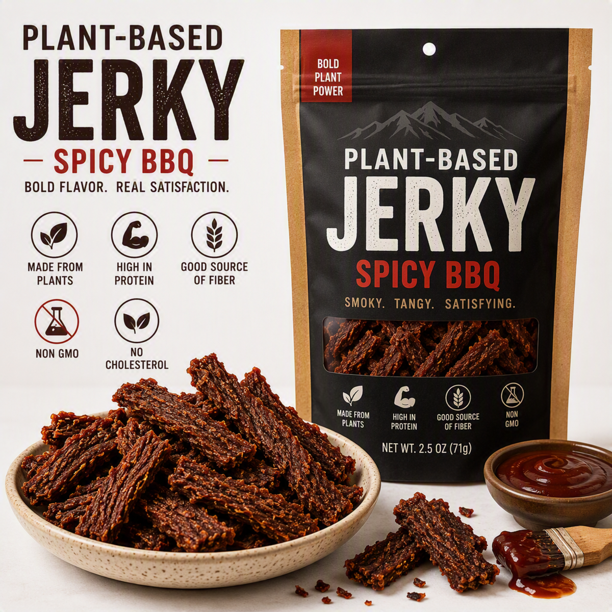 Plant‑Based Jerky – Spicy BBQ (Soy‑Based)